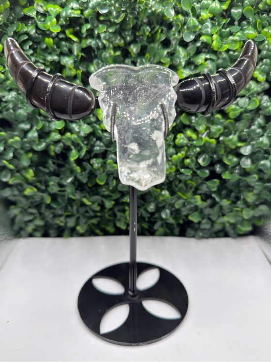Other - Stunning Hand-Carved Clear Quartz & Black Obsidian Bull Skull on Display Stand